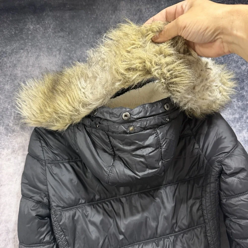 American Eagle Outfitters Womens M Black Puffer Jacket Faux Fur Hood Winter Coat